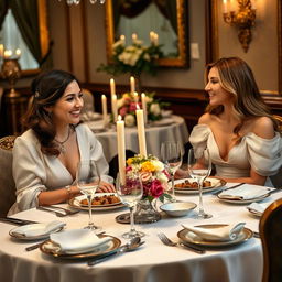 A medium-haired young woman and a long-haired young woman elegantly dining at a beautifully set fine dining table in a British times setting