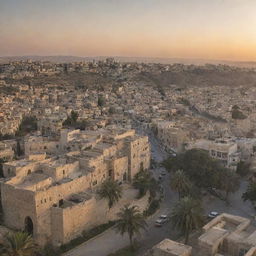 A panoramic view of the city of Palestine, with historic buildings, bustling streets, palm trees, and the sun setting behind the hills.