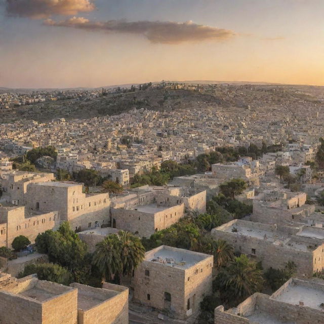 A panoramic view of the city of Palestine, with historic buildings, bustling streets, palm trees, and the sun setting behind the hills.