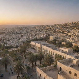 A panoramic view of the city of Palestine, with historic buildings, bustling streets, palm trees, and the sun setting behind the hills.