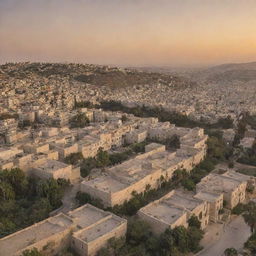 A panoramic view of the city of Palestine, with historic buildings, bustling streets, palm trees, and the sun setting behind the hills.