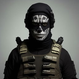 A kidnappers' commander with an open face, decked in black skeleton attire layered over a bullet-proof vest, creating a visually striking and intimidating portrait.