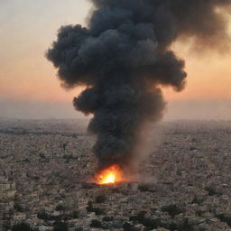 The previously serene city of Palestine now under a sudden high-drama aerial assault from military fighter jets, the sky filled with streams of smoke against the sunset.