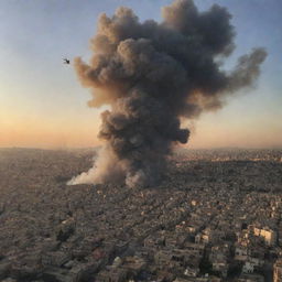 The previously serene city of Palestine now under a sudden high-drama aerial assault from military fighter jets, the sky filled with streams of smoke against the sunset.