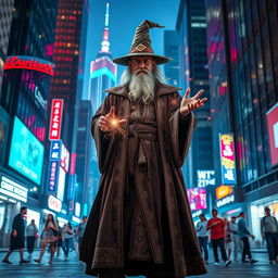A powerful wizard standing confidently in a bustling urban environment, showcasing a blend of traditional and modern attire
