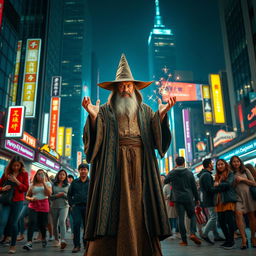 A powerful wizard standing confidently in a bustling urban environment, showcasing a blend of traditional and modern attire