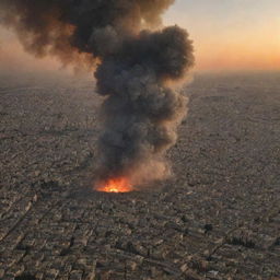 The previously serene city of Palestine now under a sudden high-drama aerial assault from military fighter jets, the sky filled with streams of smoke against the sunset.