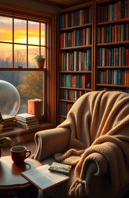 A cozy library setting filled with the warm glow of soft amber lighting, featuring an overflowing bookshelf lined with colorful, whimsical books