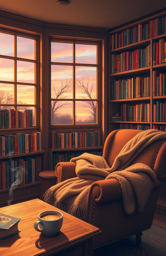 A cozy library setting filled with the warm glow of soft amber lighting, featuring an overflowing bookshelf lined with colorful, whimsical books