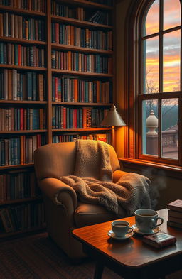 A cozy library setting filled with the warm glow of soft amber lighting, featuring an overflowing bookshelf lined with colorful, whimsical books