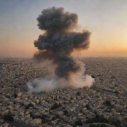 The previously serene city of Palestine now under a sudden high-drama aerial assault from military fighter jets, the sky filled with streams of smoke against the sunset.