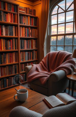 A cozy library setting filled with the warm glow of soft amber lighting, featuring an overflowing bookshelf lined with colorful, whimsical books