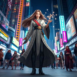A powerful female wizard standing confidently in a bustling urban environment, showcasing a stylish blend of traditional and modern attire