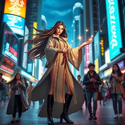 A powerful female wizard standing confidently in a bustling urban environment, showcasing a stylish blend of traditional and modern attire
