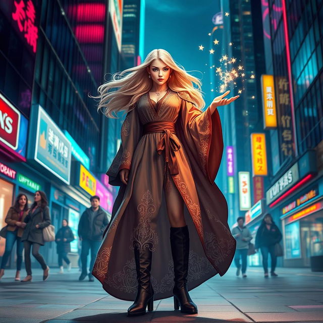 A powerful female wizard standing confidently in a bustling urban environment, showcasing a stylish blend of traditional and modern attire