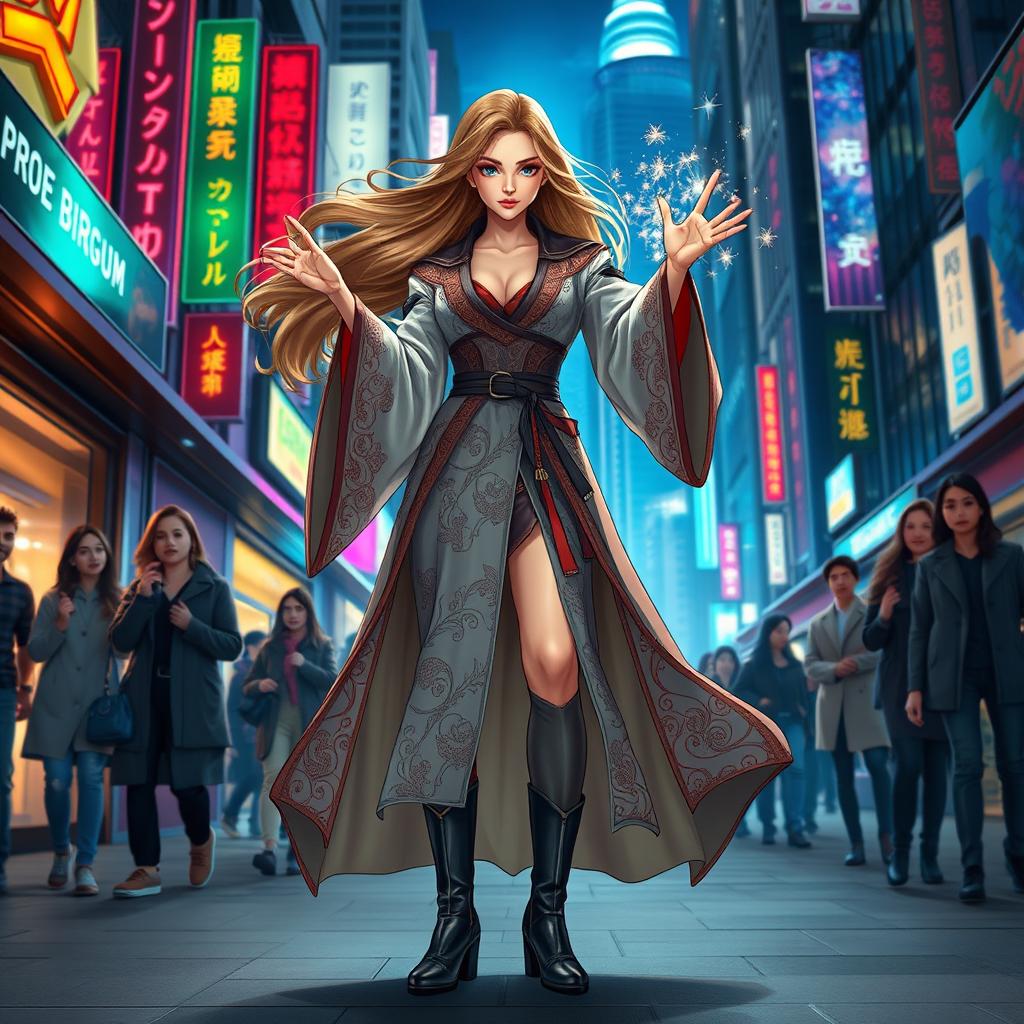 A powerful female wizard standing confidently in a bustling urban environment, showcasing a stylish blend of traditional and modern attire