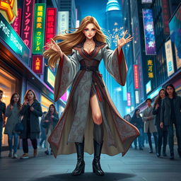 A powerful female wizard standing confidently in a bustling urban environment, showcasing a stylish blend of traditional and modern attire