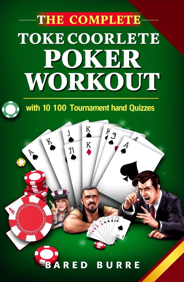 A comprehensive and engaging cover design for a poker quiz book titled 'The Complete Poker Workout: Test Your Knowledge with 100 Key Tournament Hand Quizzes'