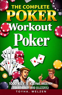 A comprehensive and engaging cover design for a poker quiz book titled 'The Complete Poker Workout: Test Your Knowledge with 100 Key Tournament Hand Quizzes'