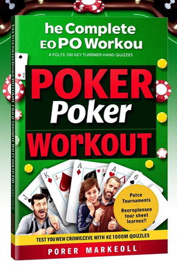 A comprehensive and engaging cover design for a poker quiz book titled 'The Complete Poker Workout: Test Your Knowledge with 100 Key Tournament Hand Quizzes'