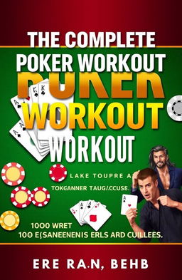 A comprehensive and engaging cover design for a poker quiz book titled 'The Complete Poker Workout: Test Your Knowledge with 100 Key Tournament Hand Quizzes'