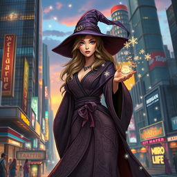 A female wizard in a bustling city setting, showcasing a blend of modern urban life and magical elements