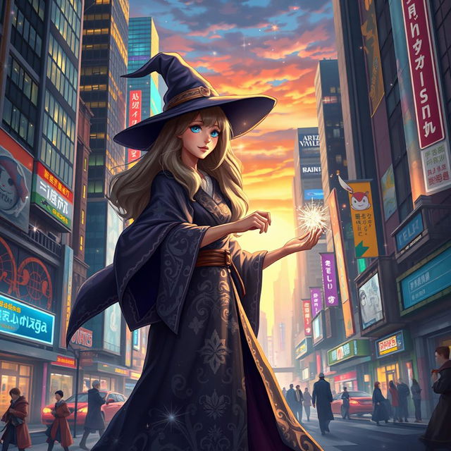 A female wizard in a bustling city setting, showcasing a blend of modern urban life and magical elements