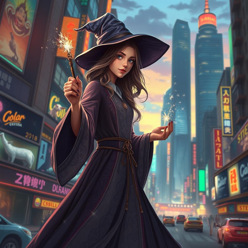 A female wizard in a bustling city setting, showcasing a blend of modern urban life and magical elements