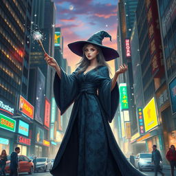 A female wizard in a bustling city setting, showcasing a blend of modern urban life and magical elements