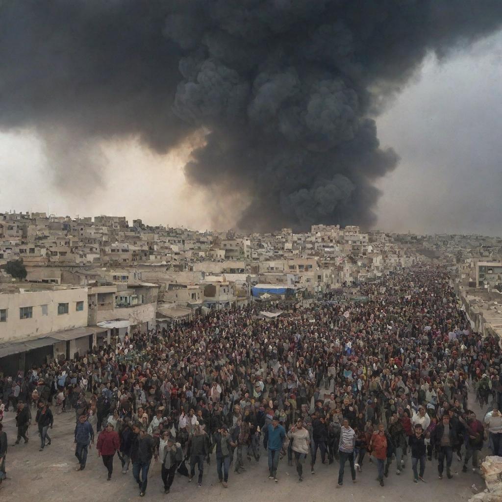 The city of Palestine in chaos as its citizens flee for safety, their figures small and hurried against the backdrop of the city and the chaotic sky.