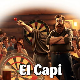 A realistic family movie scene centered around a 25-year-old dart player who is tall and out of shape, featuring short brown hair and a short beard