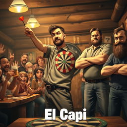A realistic family movie scene centered around a 25-year-old dart player who is tall and out of shape, featuring short brown hair and a short beard