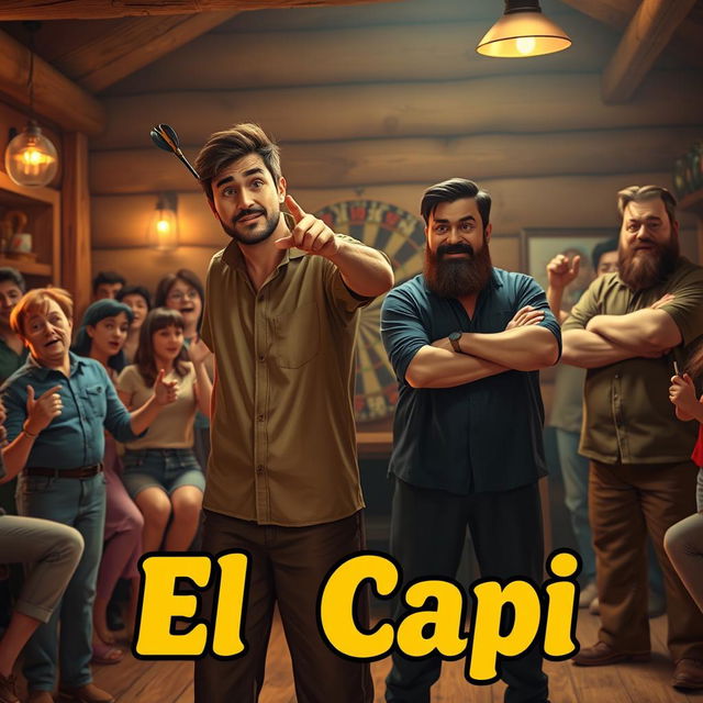 A realistic family movie scene centered around a 25-year-old dart player who is tall and out of shape, featuring short brown hair and a short beard