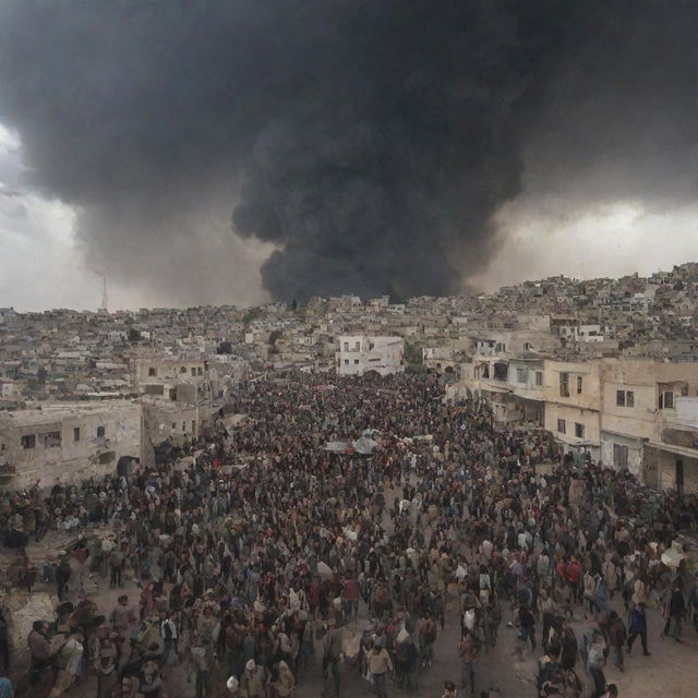 The city of Palestine in chaos as its citizens flee for safety, their figures small and hurried against the backdrop of the city and the chaotic sky.