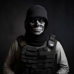 A kidnappers' commander with an open face, decked in black skeleton attire layered over a bullet-proof vest, creating a visually striking and intimidating portrait.