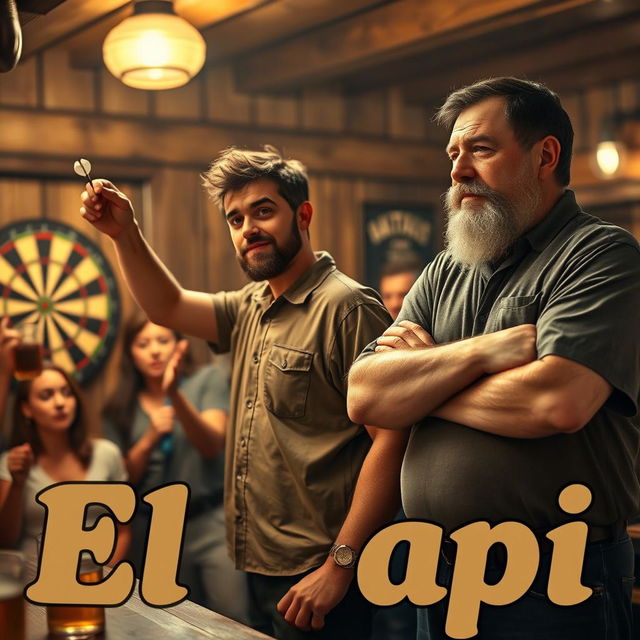 A realistic family movie scene featuring a 25-year-old dart player, tall and in poor physical shape, with short brown hair and a short beard, wearing a dart uniform consisting of a short-sleeve shirt and long pants