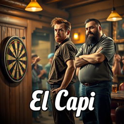 A realistic family movie scene featuring a 25-year-old dart player, tall and in poor physical shape, with short brown hair and a short beard, wearing a dart uniform consisting of a short-sleeve shirt and long pants
