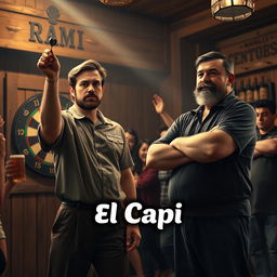 A realistic family movie scene featuring a 25-year-old dart player, tall and in poor physical shape, with short brown hair and a short beard, wearing a dart uniform consisting of a short-sleeve shirt and long pants