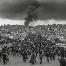 The city of Palestine in chaos as its citizens flee for safety, their figures small and hurried against the backdrop of the city and the chaotic sky.