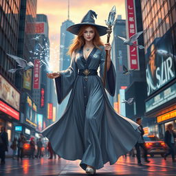 A female wizard in an urban city environment, embodying a blend of modernity and magic