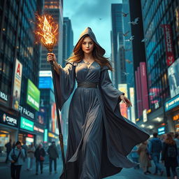 A female wizard in an urban city environment, embodying a blend of modernity and magic