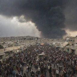 The city of Palestine in chaos as its citizens flee for safety, their figures small and hurried against the backdrop of the city and the chaotic sky.