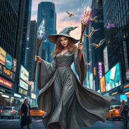 A female wizard in an urban city environment, embodying a blend of modernity and magic