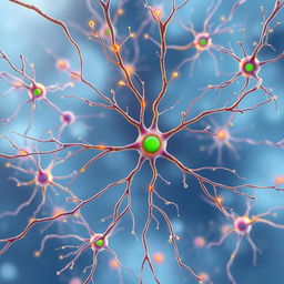 A stunning and intricate illustration of neurons, showcasing their complex structures with long axons and dendrites extending in various directions