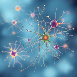 A stunning and intricate illustration of neurons, showcasing their complex structures with long axons and dendrites extending in various directions