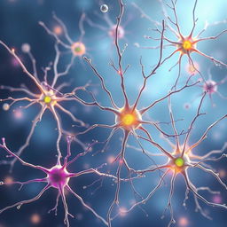 A stunning and intricate illustration of neurons, showcasing their complex structures with long axons and dendrites extending in various directions