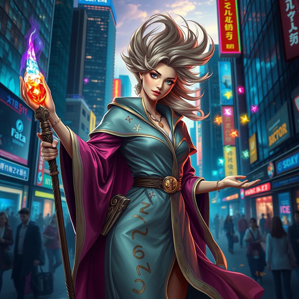 A female wizard in a vibrant urban cityscape, capturing the essence of modern magic