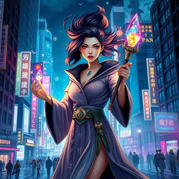 A female wizard in a vibrant urban cityscape, capturing the essence of modern magic