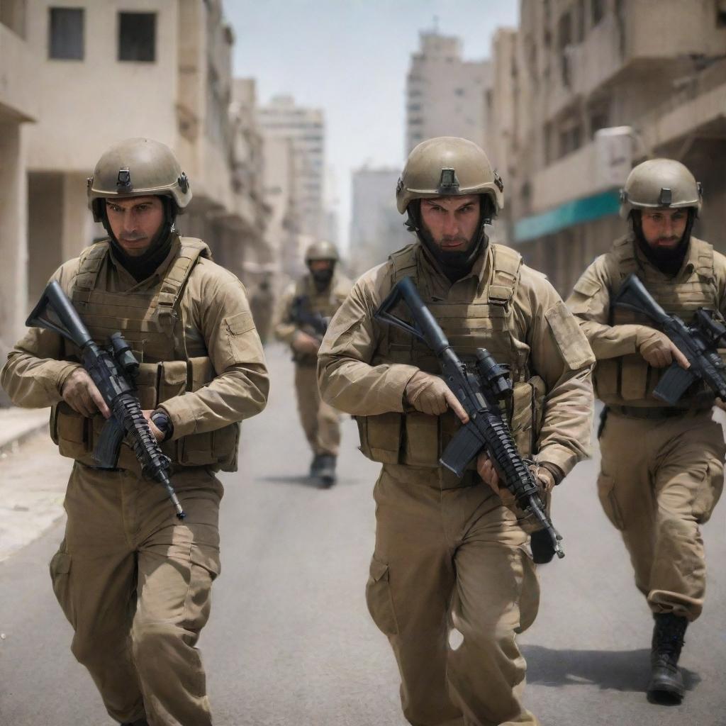 A unit of Israeli soldiers in full combat gear, stern faces under helmets, weapons at the ready, against a backdrop of an urban environment.