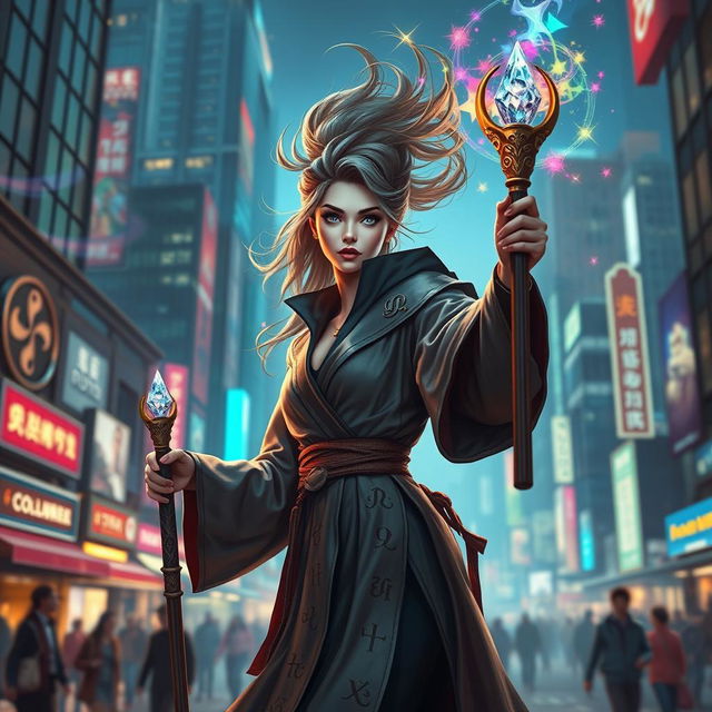 A female wizard in a vibrant urban cityscape, capturing the essence of modern magic